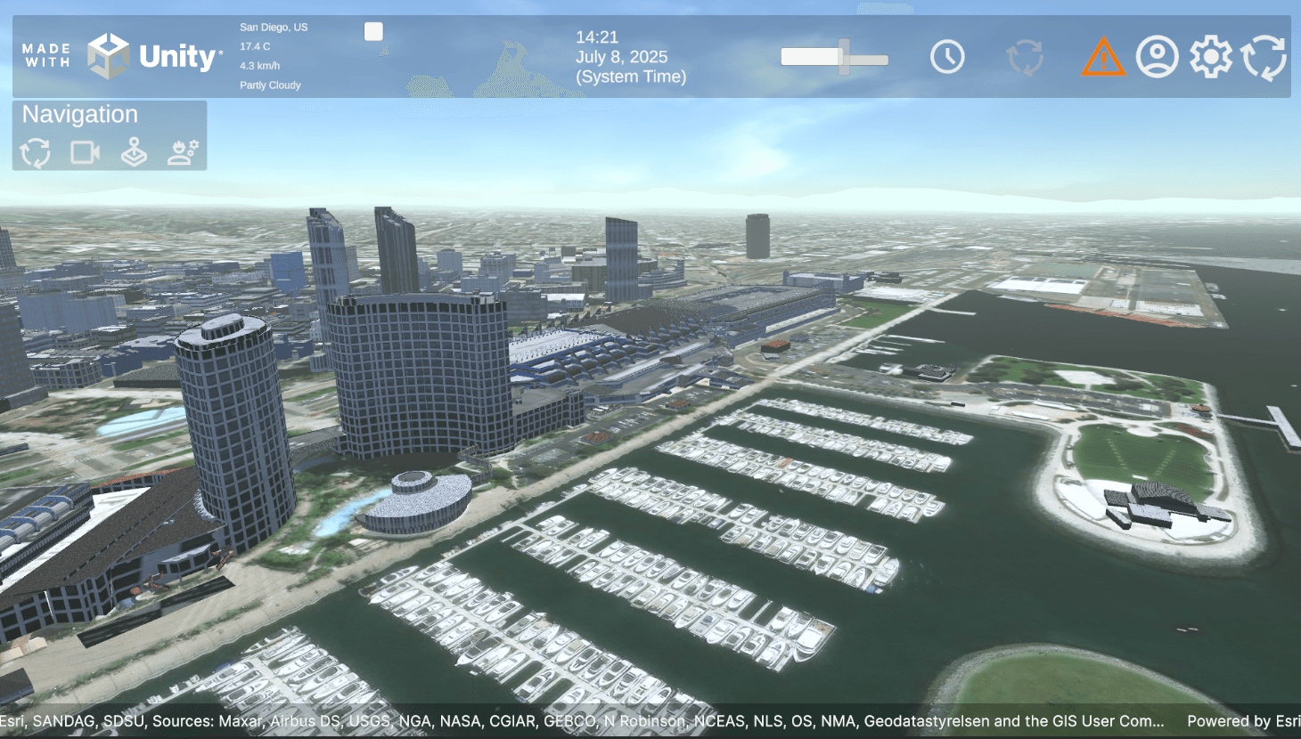 Gemelo digital del centro de conferencias de San Diego creado con Unity y el SDK de ArcGIS Maps de Esri para Unity