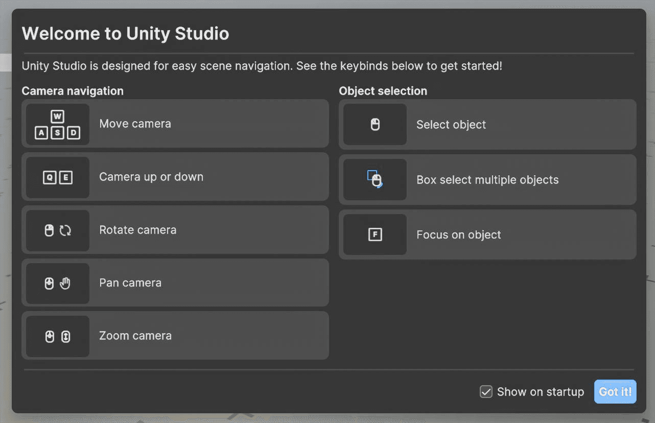 Unity Studio 欢迎窗口。