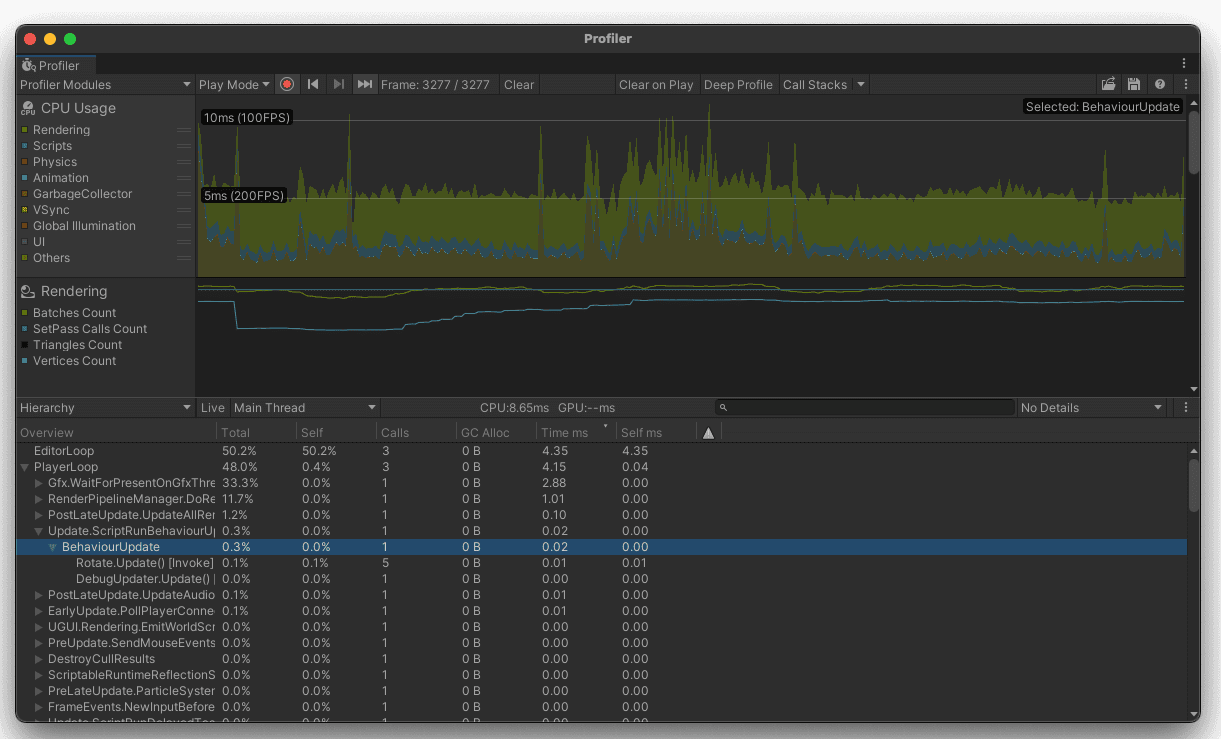 Profiling an example script shows Update() method calls.
