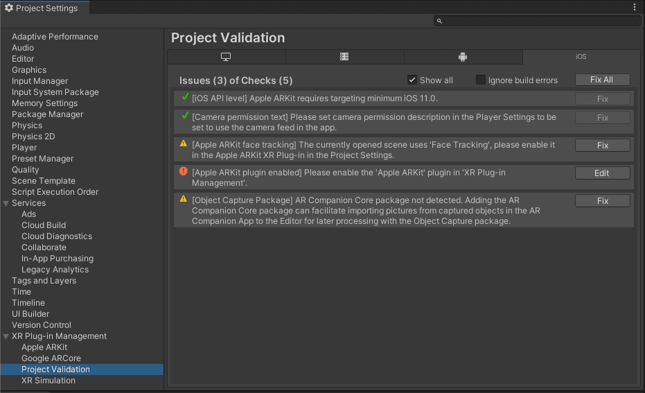 In the Project Validation window, click either the Fix button next to the issue you want fixed, or the Fix All button to address all issues found.