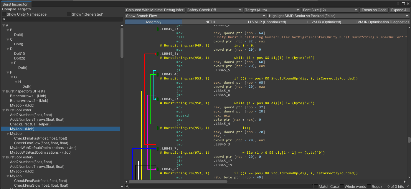 The Burst Inspector window showing the compiled assembly code of a Burst target job