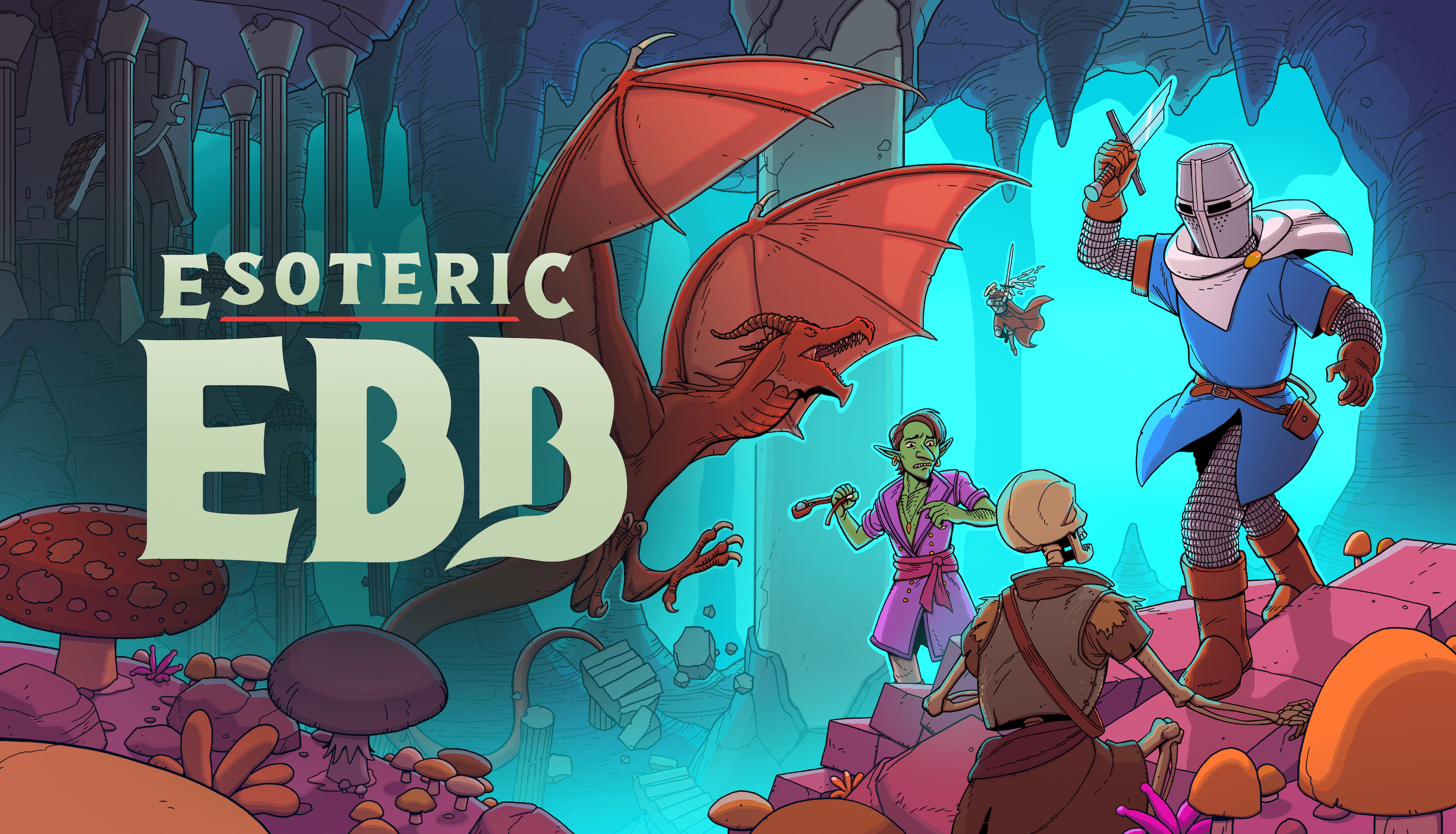 Christoffer BodegårdによるEsoteric Ebbのキーアート | Made with Unity。青いチュニックを着た冒険者が、カメラの背を向けた骸骨の戦士に向かって折れた剣を振るう。ピンク色の服を着たゴブリンが、赤いドラゴンの隣に立って、苦悩に満ちた表情で見ている。ゲームのタイトル「ESOTERIC EBB」が左側に表示されている。
