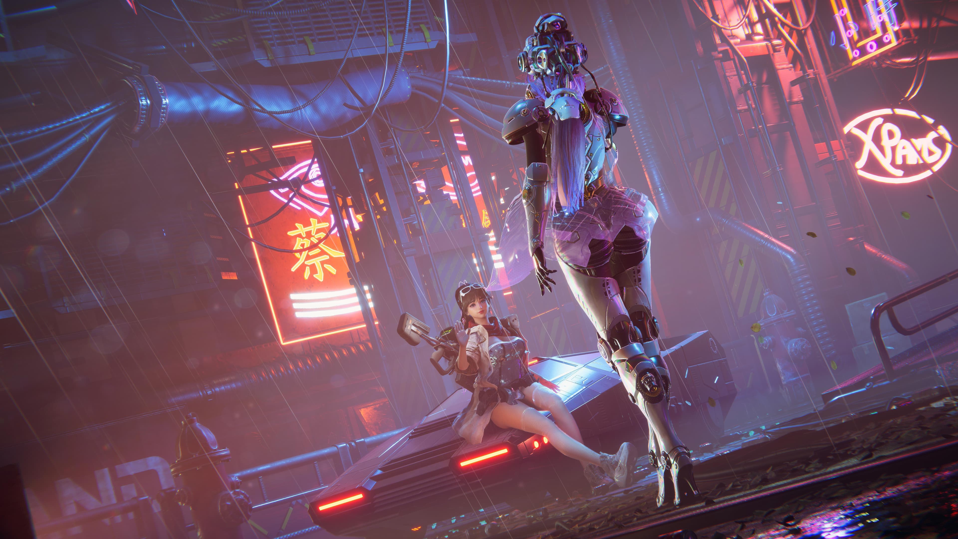 A scene created in Unity showing two android women facing one another in a futuristic, neon-lit environment