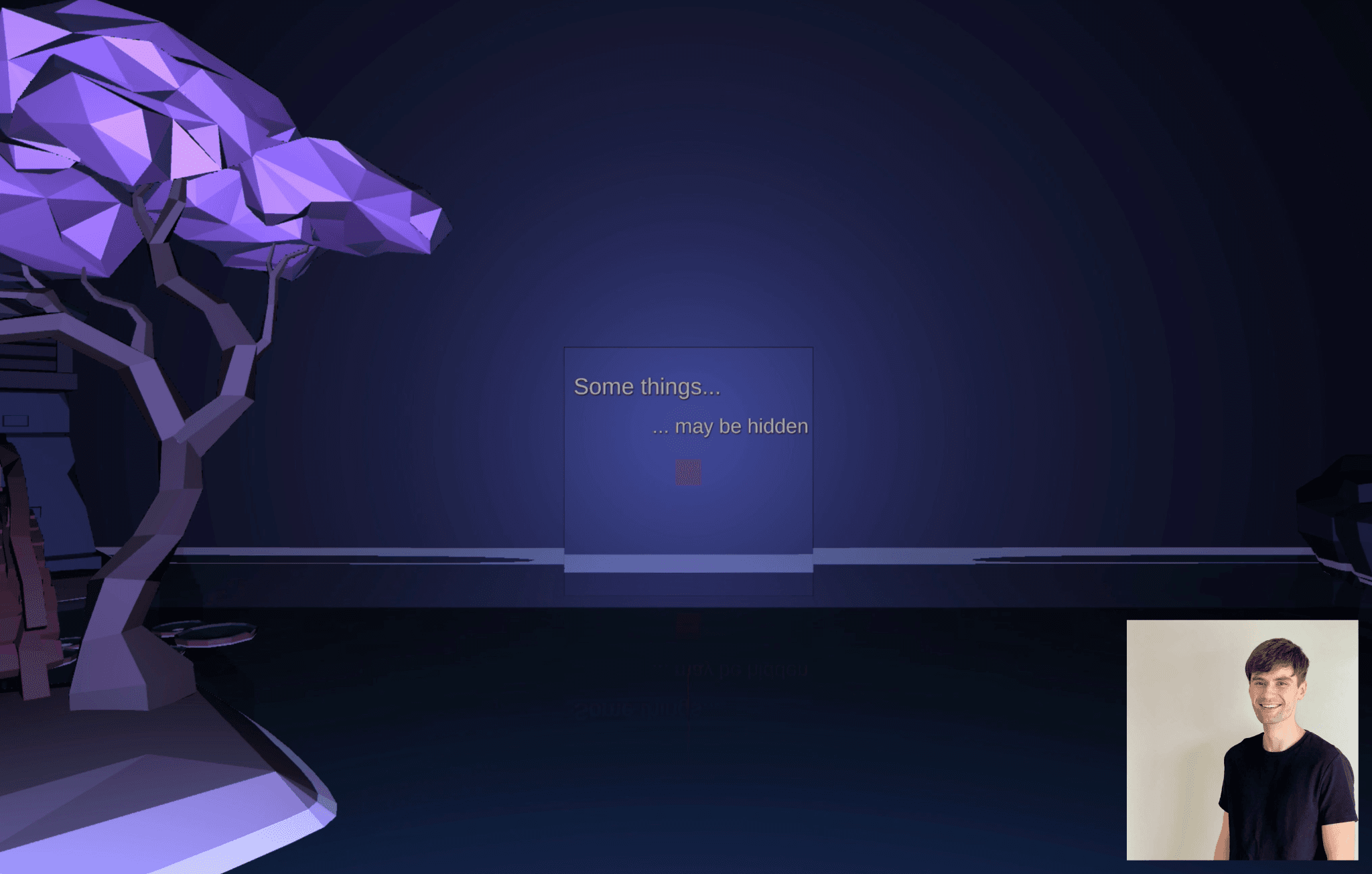 Dark blue background with a purple tree on the left, with an inset photo of a person on the bottom right.