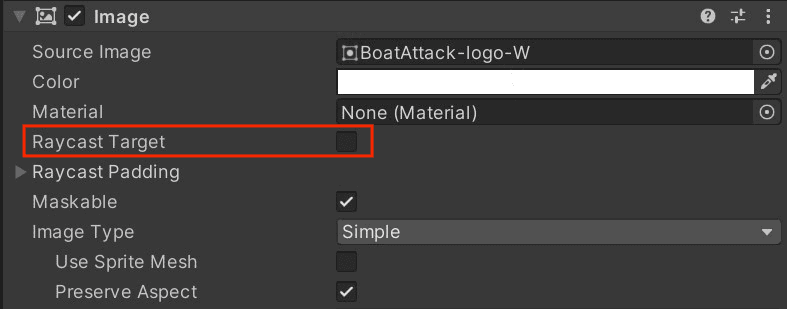 Image dialog box with a grey background and the text "Raycast Target" outlined in a red square.