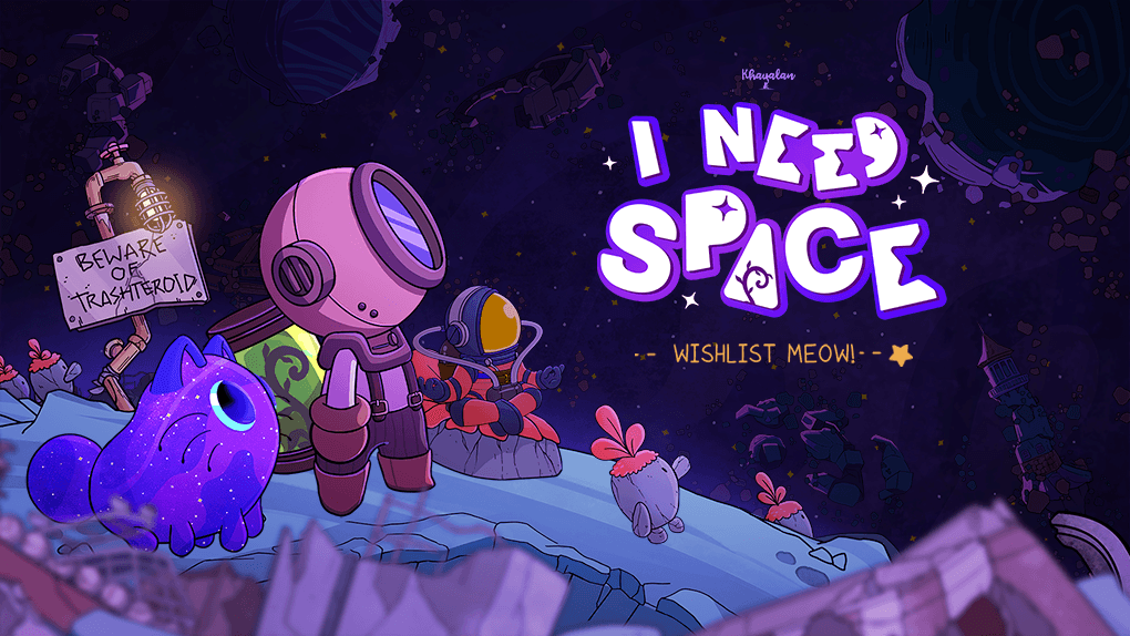 Werbeillustration für das Spiel „I Need Space“ mit einem rosa Astronauten, einer kosmisch-lila Katze und Außerirdischen auf dem Mond sowie dem Text „Wishlist Meow!“