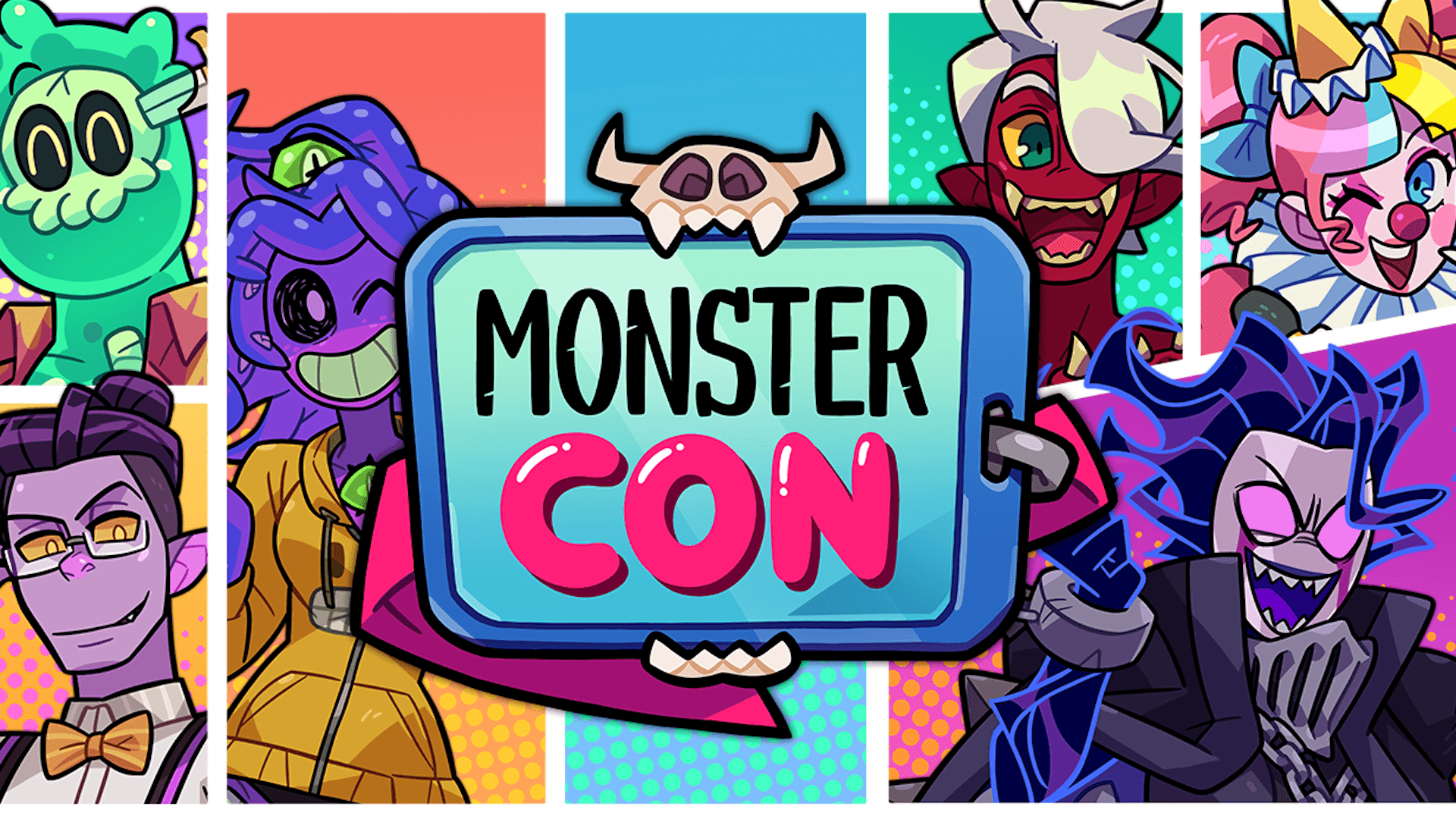 Key art from Monster Prom 4: Monster Con by Beautiful Glitch | Made with Unity. A rectangular logo on a conference badge that reads MONSTER CON. Arranged in a grid around the logo are several monsters drawn in a cartoon style, including a cyclops, a clown, an ocotopus person, a purple person, and a slime.