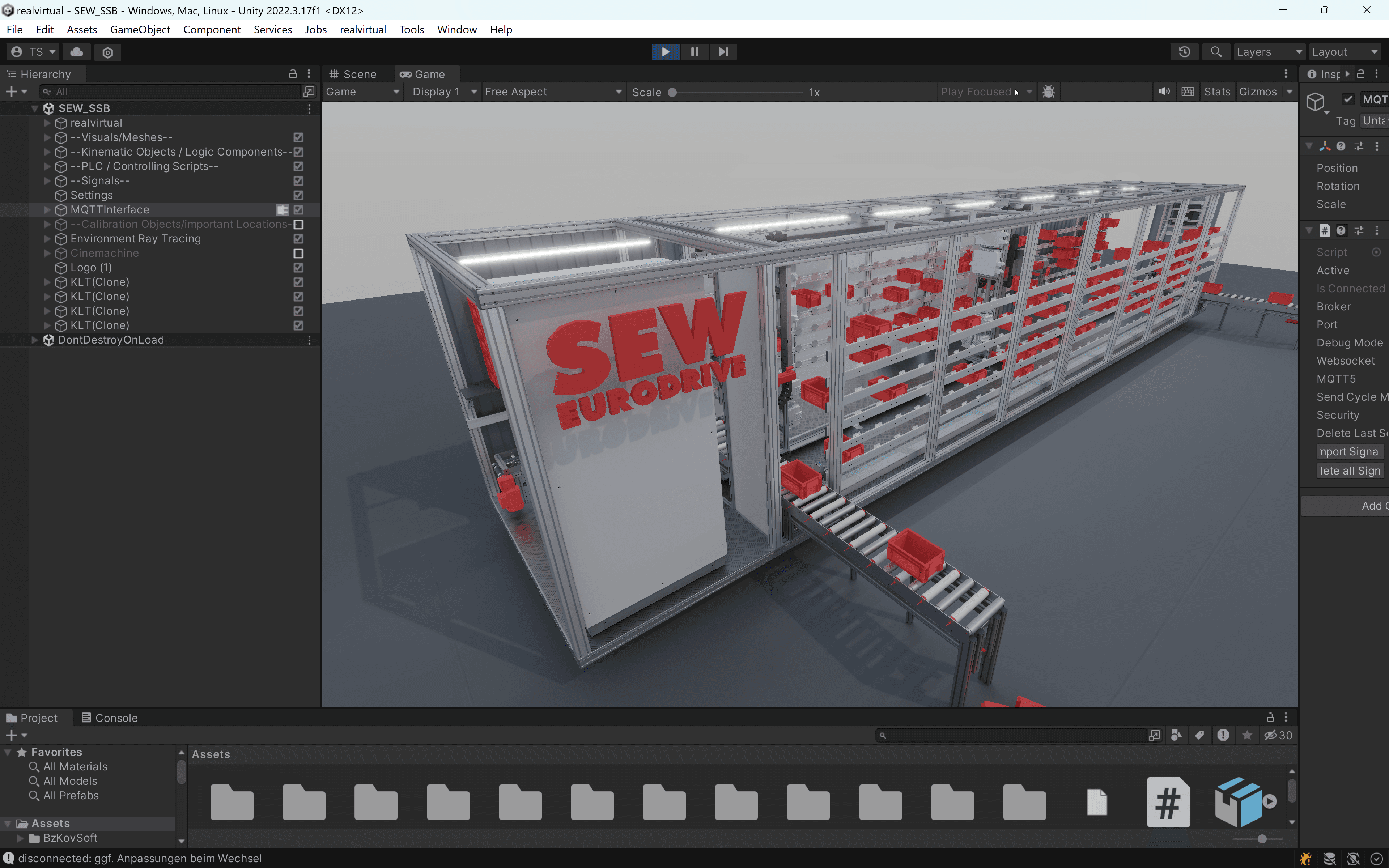 Digital twin used for virtual commissioning based on realvirtual.io and Unity connected to SEW