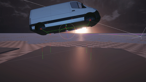 A white van without wheels suspended in the air, in Unity