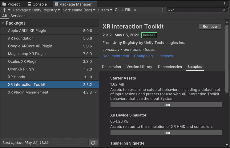 In the Package Manager window, click the Samples tab of the XR Interaction Toolkit package, then click the Import button under the Starter Assets to add these assets to your project.