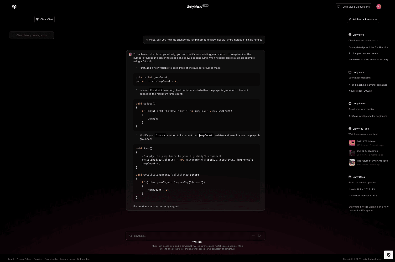 Vista del chat de Muse de la respuesta de la herramienta al prompt del método de salto mostrado arriba.