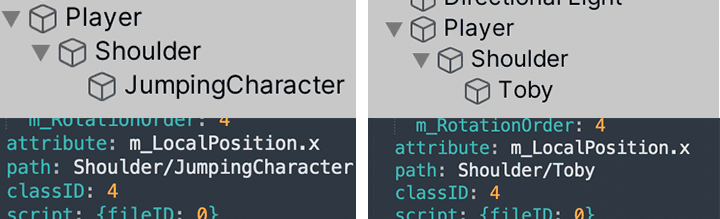 Original YAML and hierarchy on left, renamed GameObject version on right