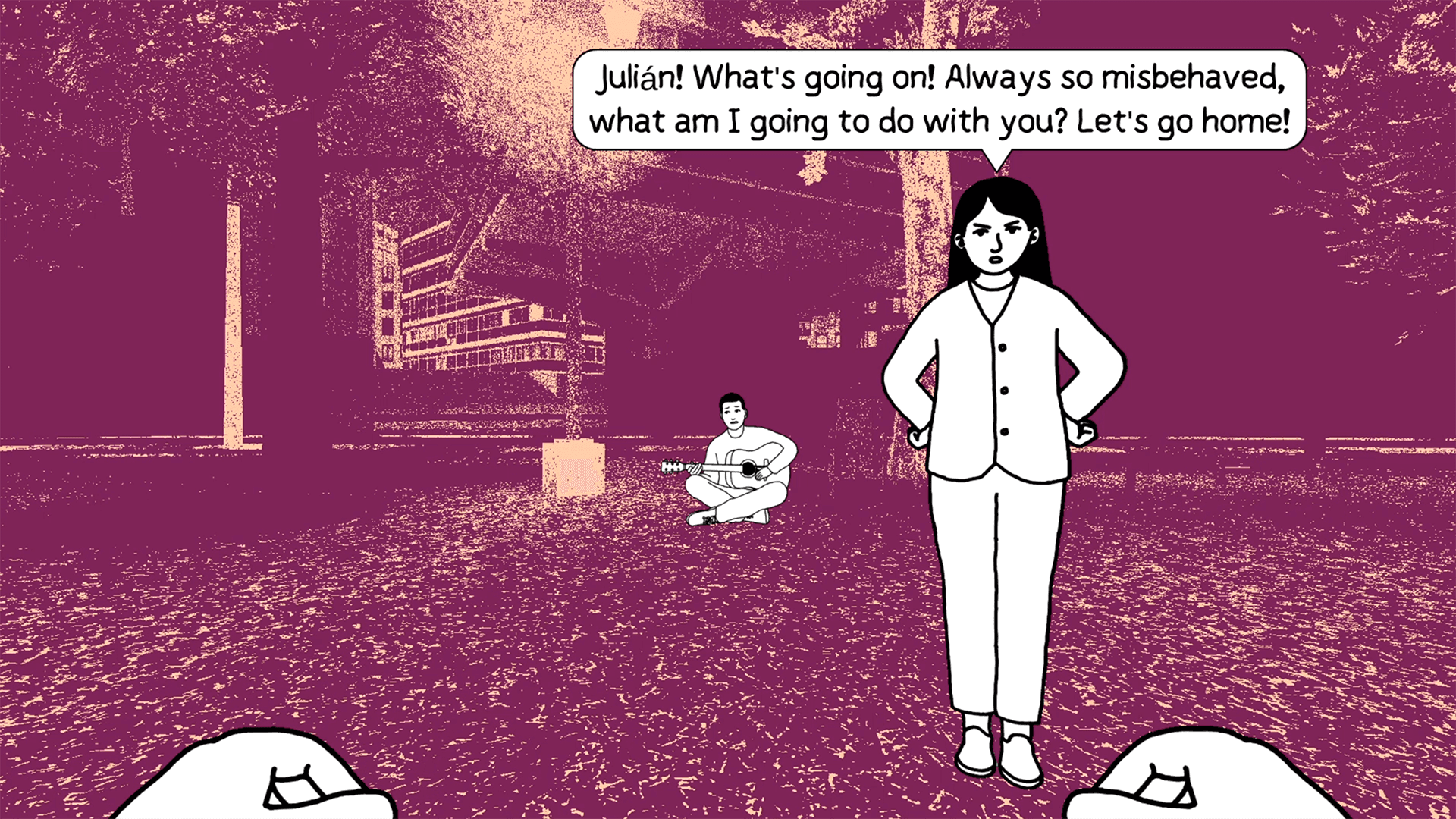 Unityで作成されたJulián CorderoとSebastián Valbuenaによるdespeloteのスクリーンショット。オレンジと紫でレンダリングされた公園のシーン。女性が手を腰に当てて立っている白黒のイラストで、怒った顔をしています。吹き出しには「ジュリアン!」と書かれています。何が起こっているの!いつもそんなに悪さをして、あなたをどうしよう?家に帰ろう!"背景には、地面に座ってアコースティックギターを弾いているイラストの男性がいます。
