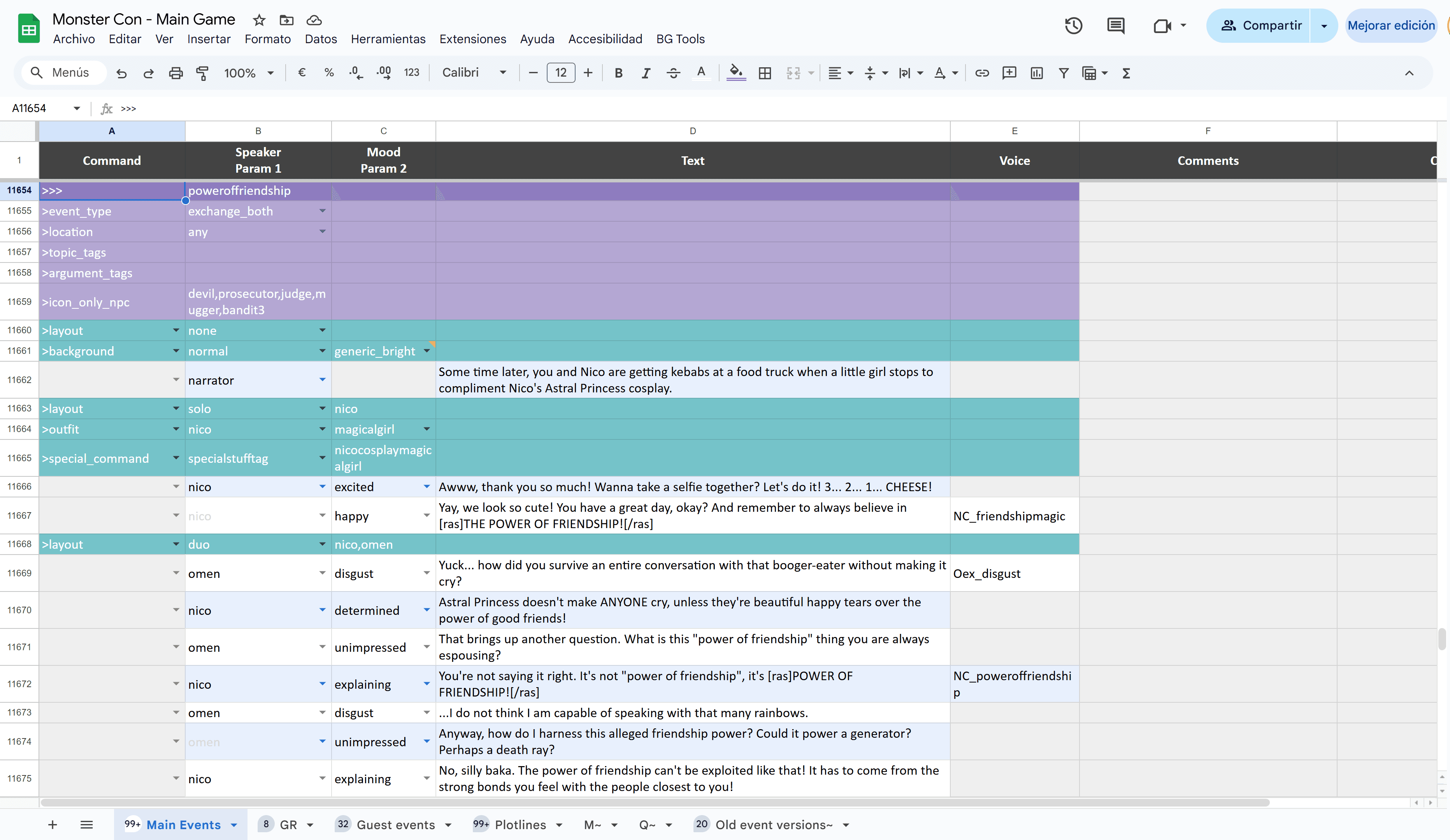 Screenshot of a Google Sheet containing dialog and command options for a multiplayer dating simulator.