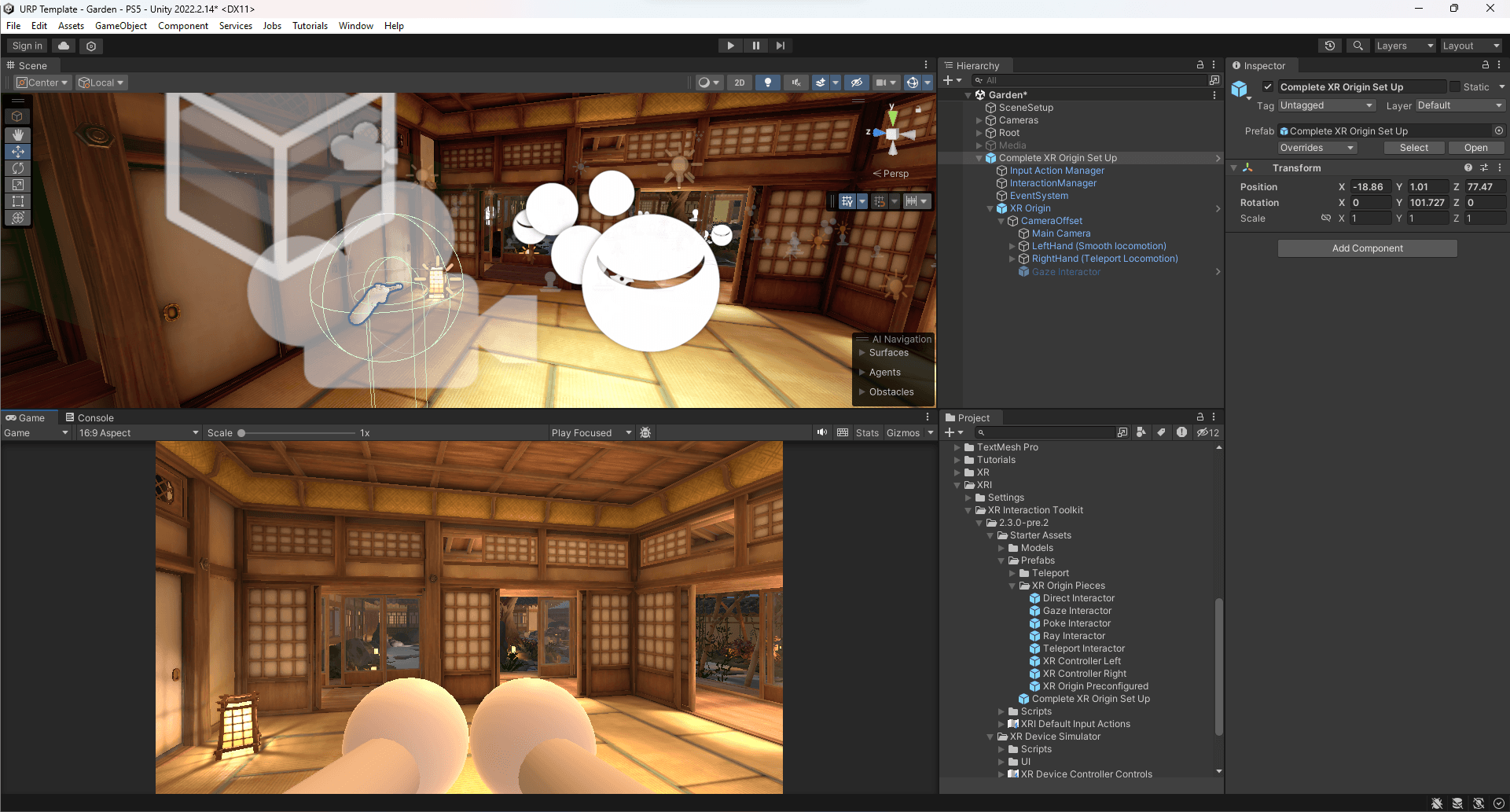 Drag the Complete XR Origin Set Up Prefab into your Scene. The Prefab has nested children that map the player’s hands and head to specific GameObjects.