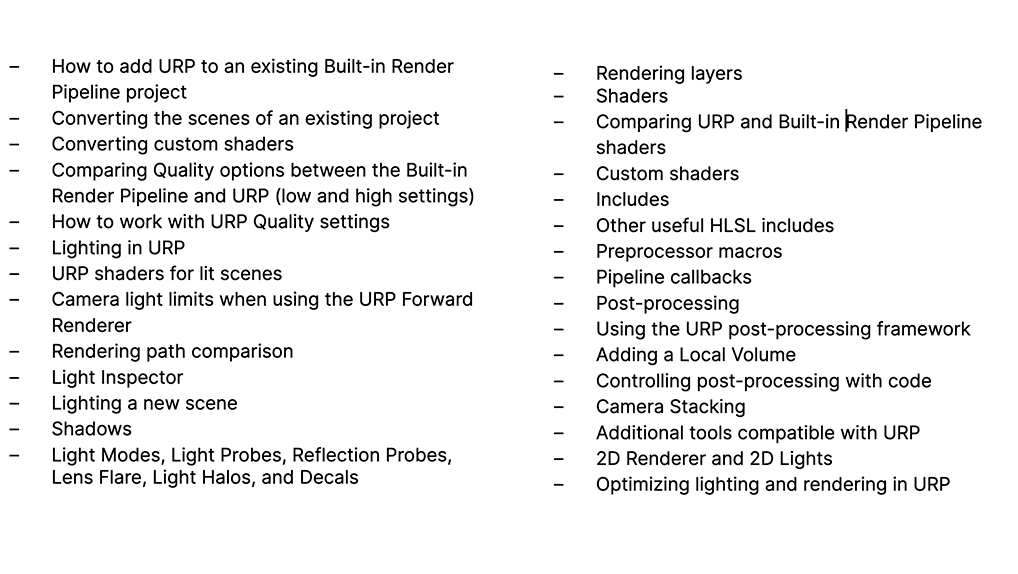 List of topics covered in URP ebook