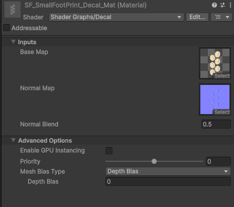 The Material settings for the Footprint decal
