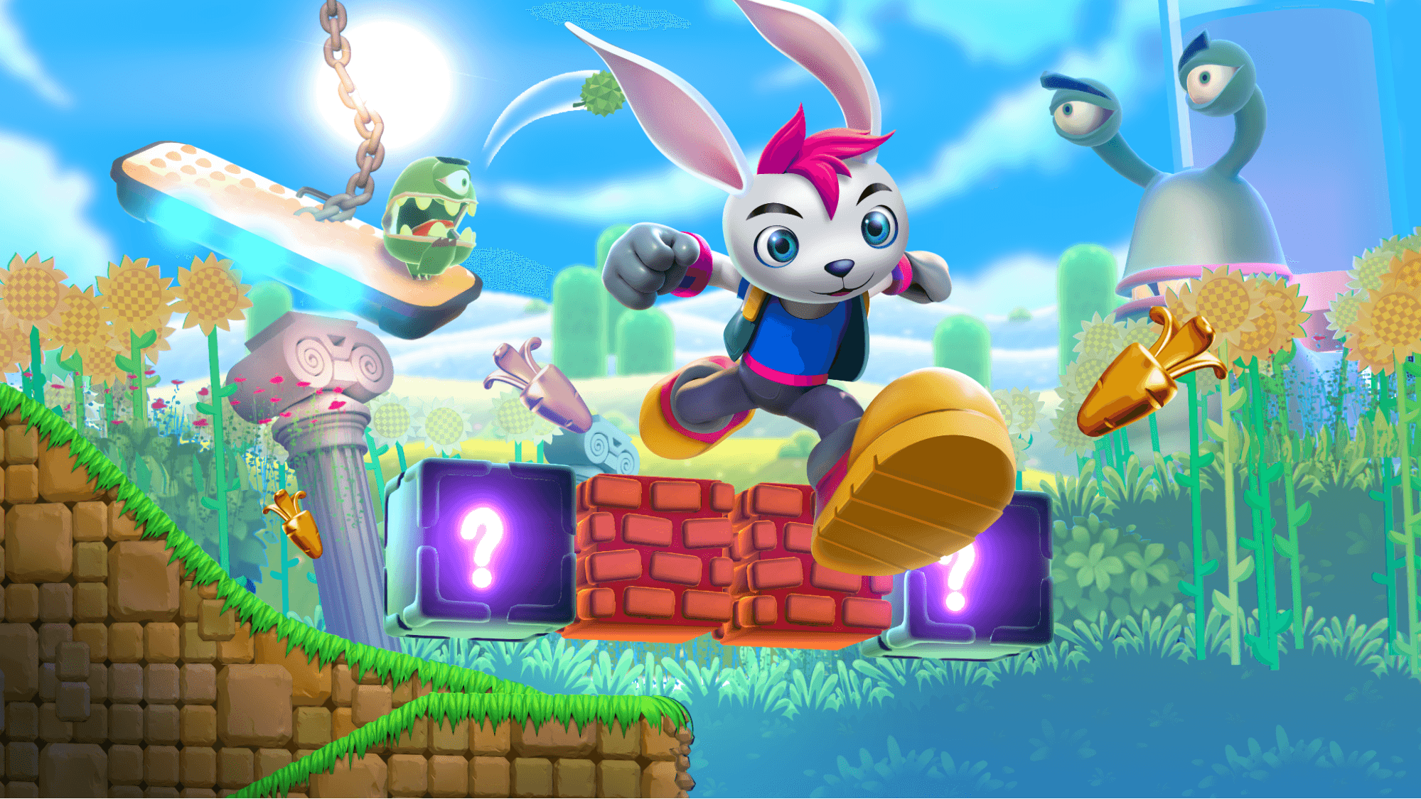 A close-up promotional render of the rabbit protagonist from "Bunny Blitz," mid-jump with a determined expression, pink mohawk-style hair, and a backpack. Surrounding elements include a green worm-like enemy on a floating platform, ancient stone columns, mystery question-mark boxes, a brick wall, golden carrot collectibles, and a tall periscope-like enemy in the background.