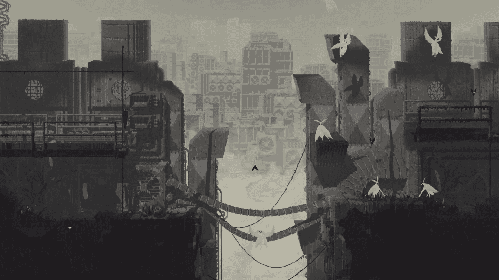 《Rain World》截图:Videocult 和 Akupara Games 出品的《The Watcher》| Made with Unity。以 2D 方式渲染的灰色工业环境的像素艺术屏幕截图。白色的天使生物在半被电缆和电线覆盖的深谷周围漂浮。