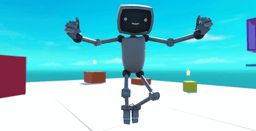 A 3D character of a small, friendly robot with a monitor head performing a cheerful pose in a bright, minimalist digital environment.