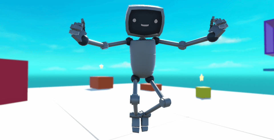 小さくて友好的なロボットの3Dキャラクターが、明るくミニマリストなデジタル環境で陽気なポーズをとっています。