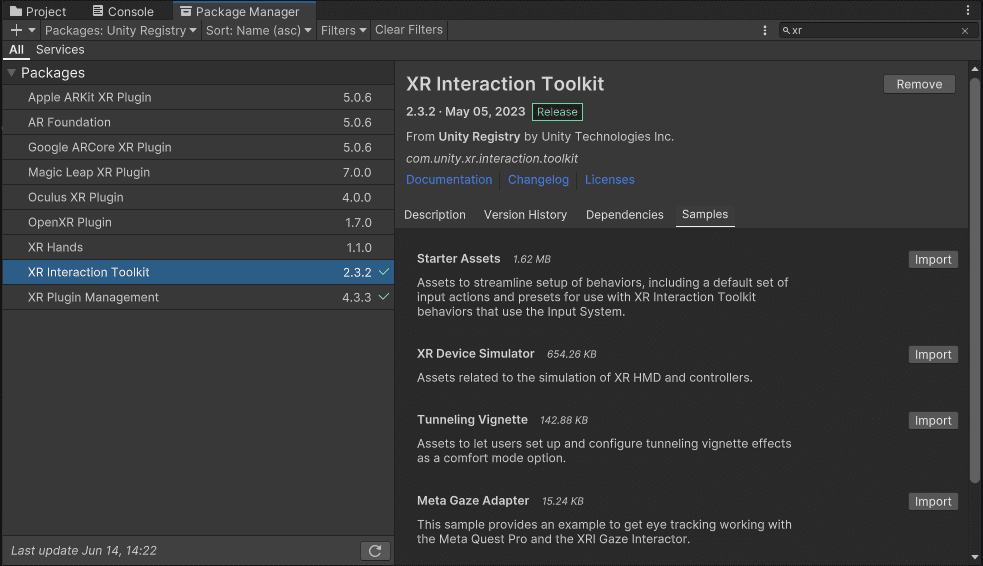 In the Package Manager, click on the XR Interaction Toolkit package, click on the Samples tab, and click the Import button next to the XR Device Simulator to add it to your project.