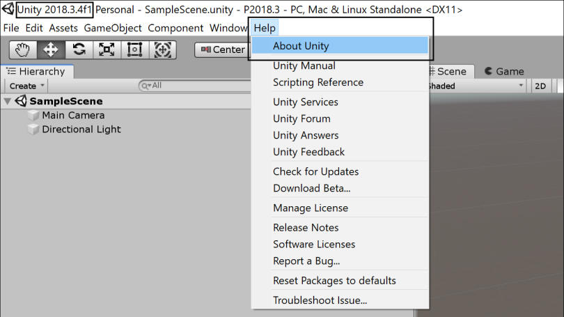 Unity Editor com o menu suspenso Help