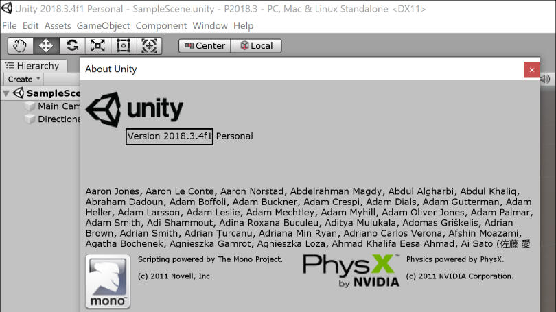 编辑器中打开的“关于 Unity”窗口