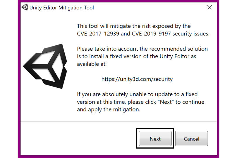 Aviso de la herramienta de mitigación de Unity con mitigación solicitada