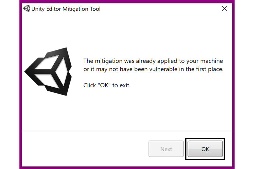 Unity Mitigation tool prompt already applied