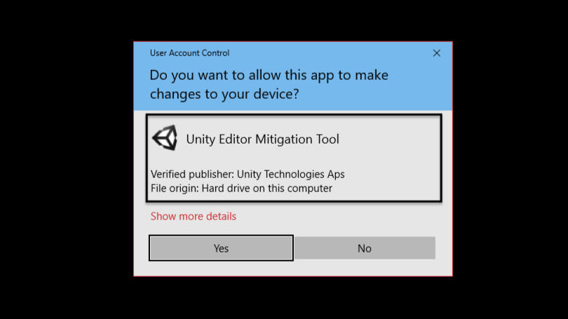 Unity Mitigation Tool UAC Window