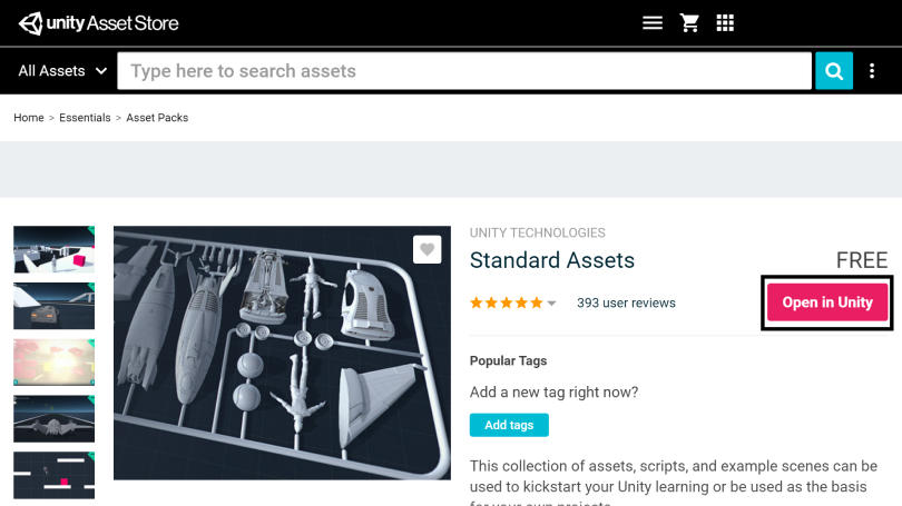 Página de Asset Store que muestra dónde abrir los archivos en Unity