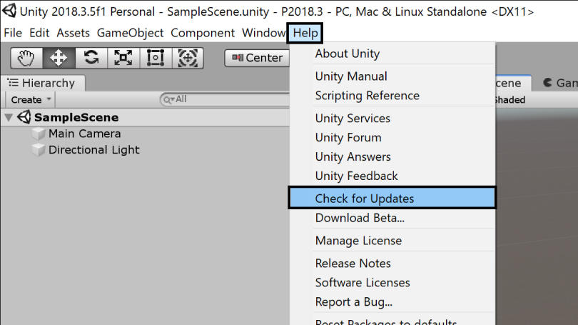 Unity 编辑器中的 Check for Updates