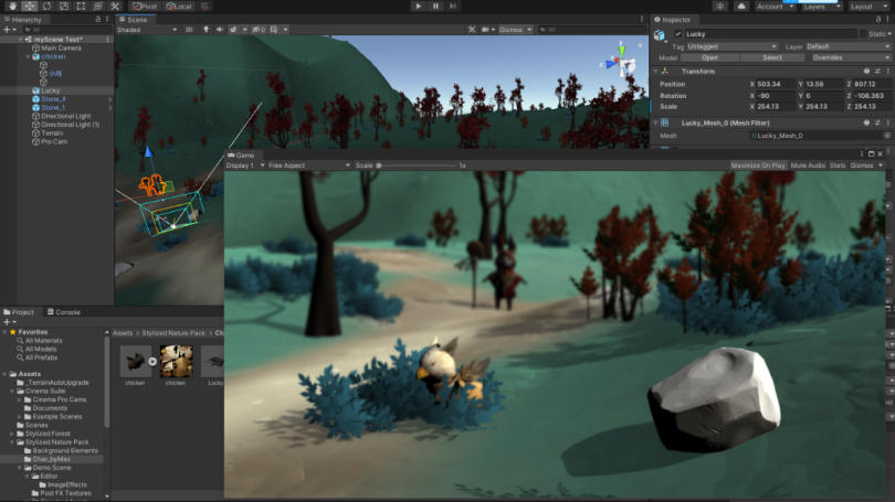 Unity editor with a 3d nature scene