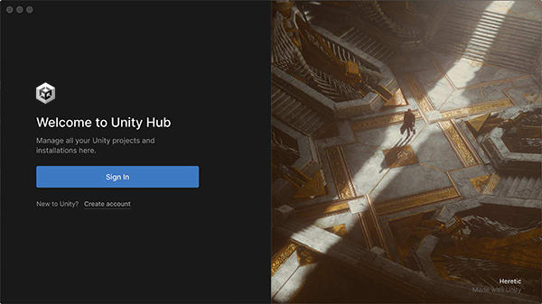 Unity Hub 로그인 화면.