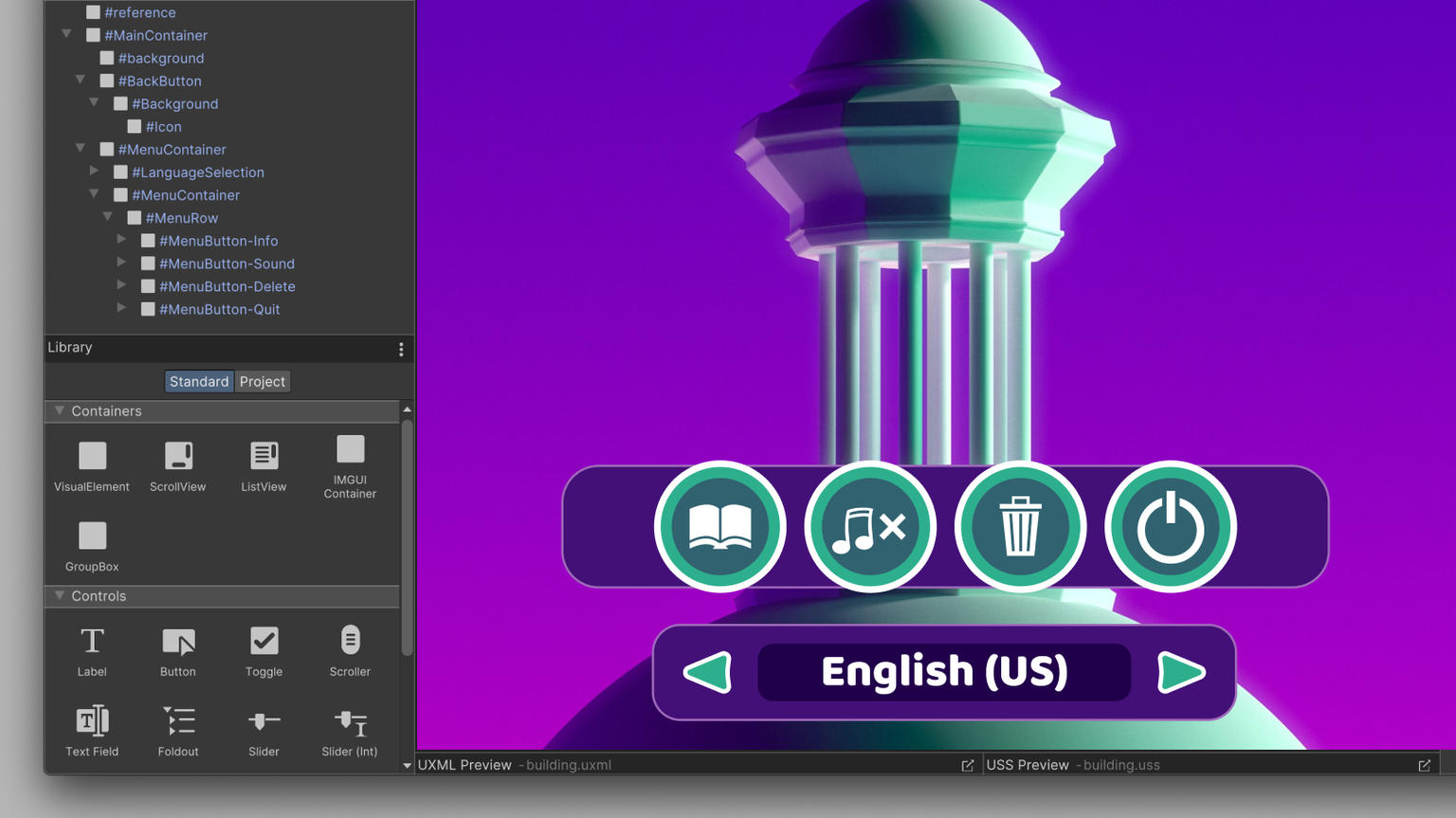 Capture d'écran de l'éditeur Unity avec le kit d'outils IU