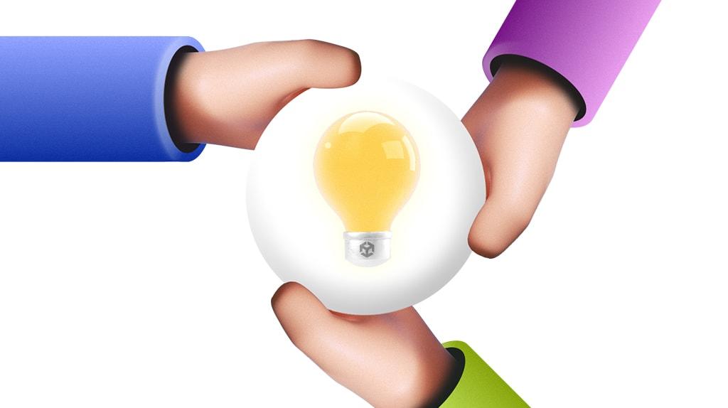 3D rendering of 3 hands holding a lightbulb