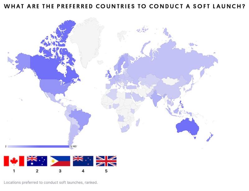 map of preferred countries for a soft launch