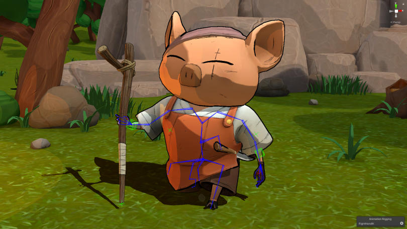 Personaje de cerdo con esqueleto de plataforma de animación