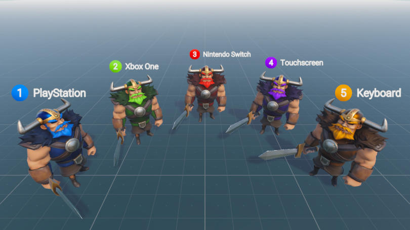 Personagens guerreiros representando dispositivos e consoles diferentes