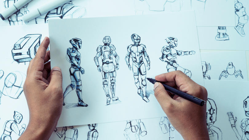 Person sketching mecha character concepts