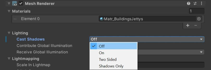 Как отключить тени в Mesh Renderer редакторе Unity