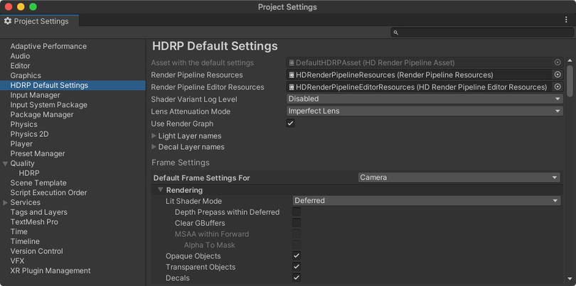 Modification des paramètres par défaut du HDRP