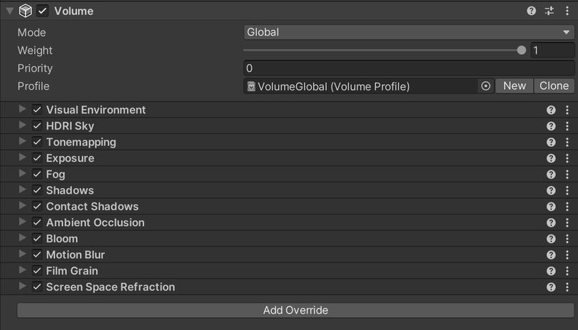 Interface do Global Volume Overrides