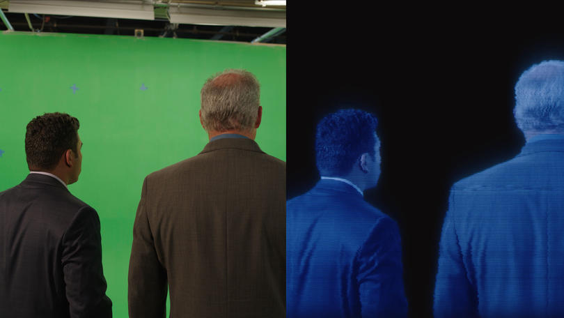 Side by side of green screen shot and rendered version