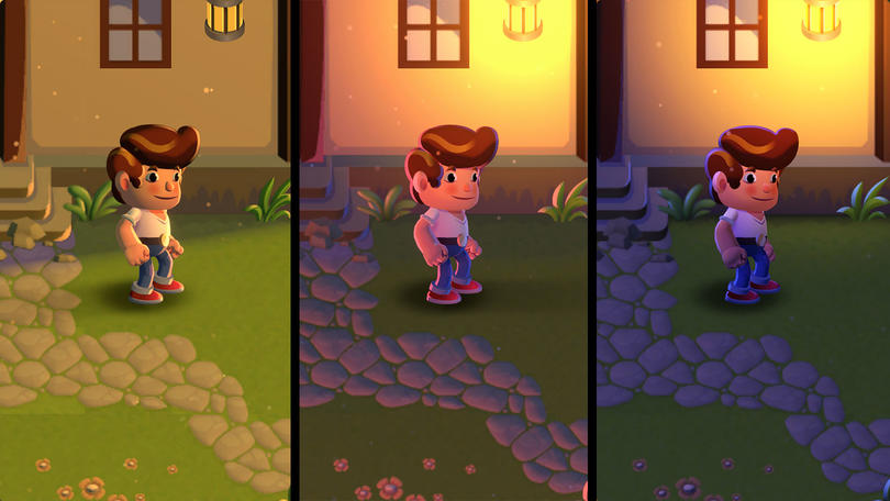 2D Character in 3 scenes with different lighting