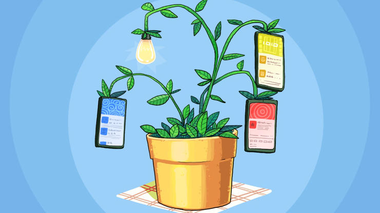 Ilustração de planta com dispositivos móveis e uma lâmpada