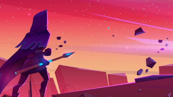 Personaje del juego con una lanza en un terreno rocoso