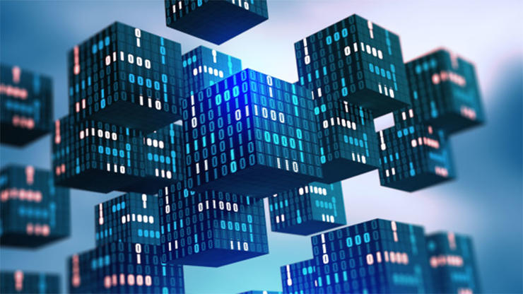Cubes floating in midair with binary code 