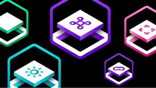 A series of isometric icons enclosed in colorful neon hexagons, representing different software development modules or core engine features.